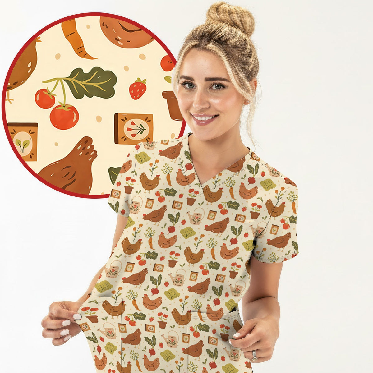 Rustic Farm Chicken Vegetable Nurse Scrub Top