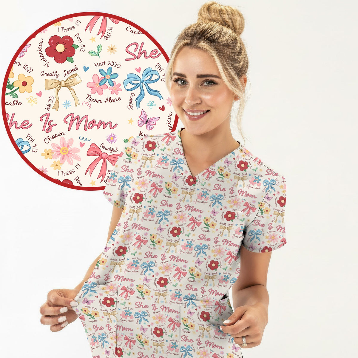 She Is Mom Flower Bow Nurse Scrub Set
