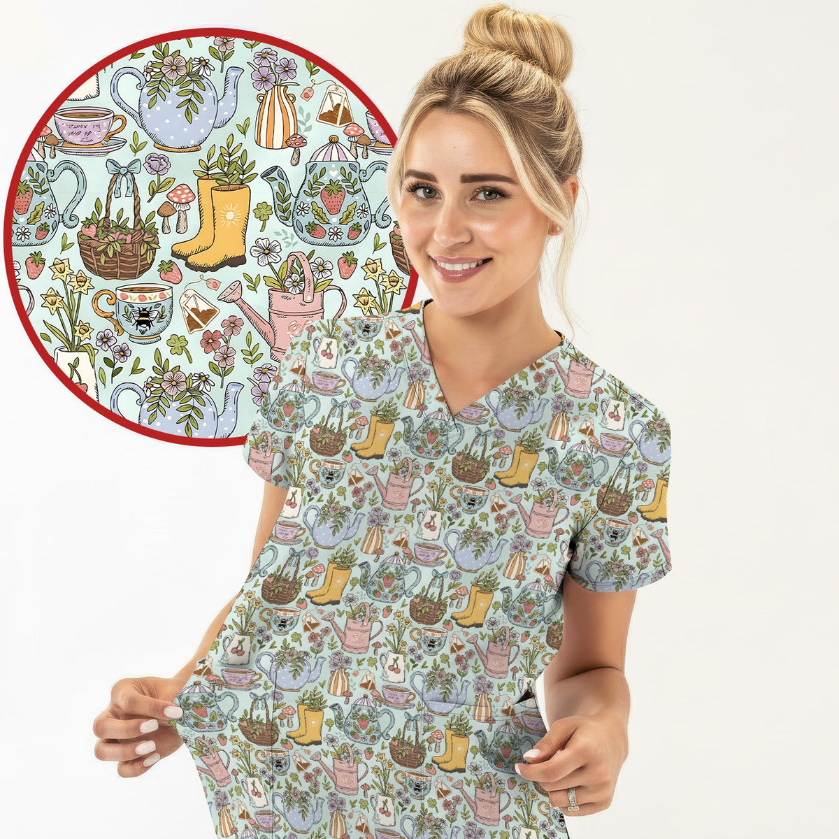 Garden Tea Party Floral Nurse Scrub Top