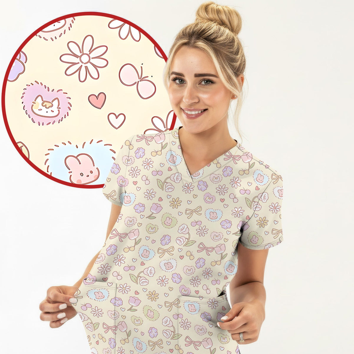 Pastel Bunny Flower Heart Nurse Scrub Top