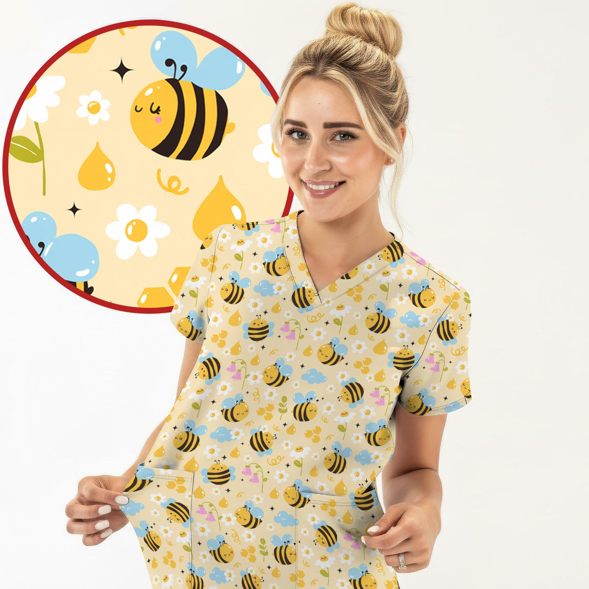 Honey Bee Flower Cloud Nurse Scrub Top