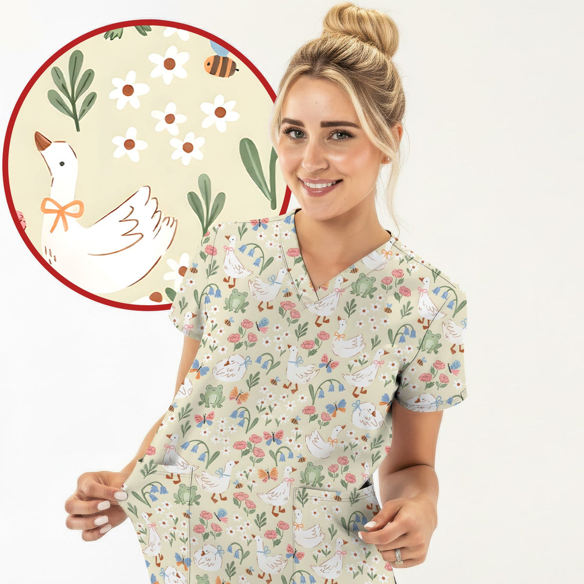 Goose Frog Garden Nurse Scrub Top