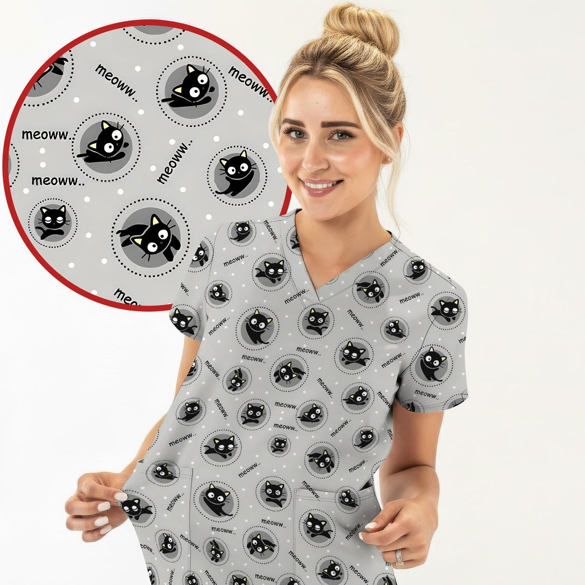 Black Cat Meow Nurse Scrub Top