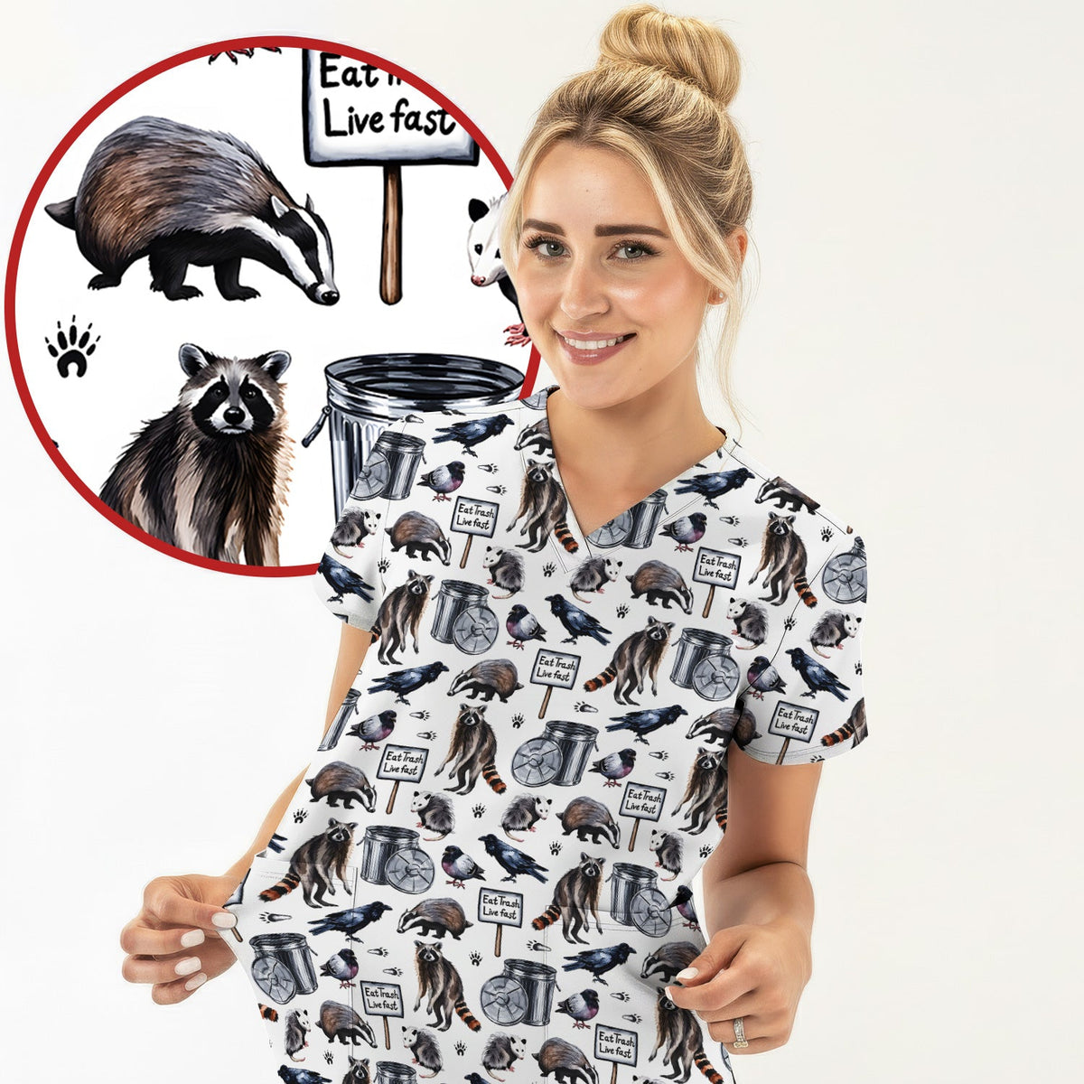 Raccoon Opossum Eat Trash Nurse Scrub Top