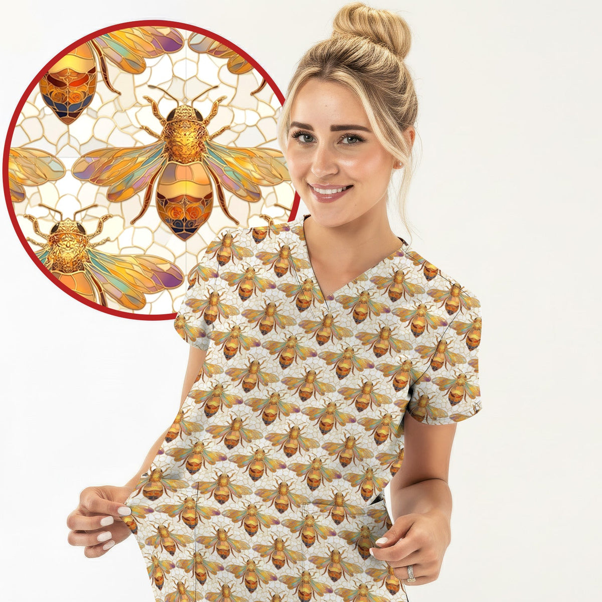 Golden Honey Bee Honeycomb Nurse Scrub Top