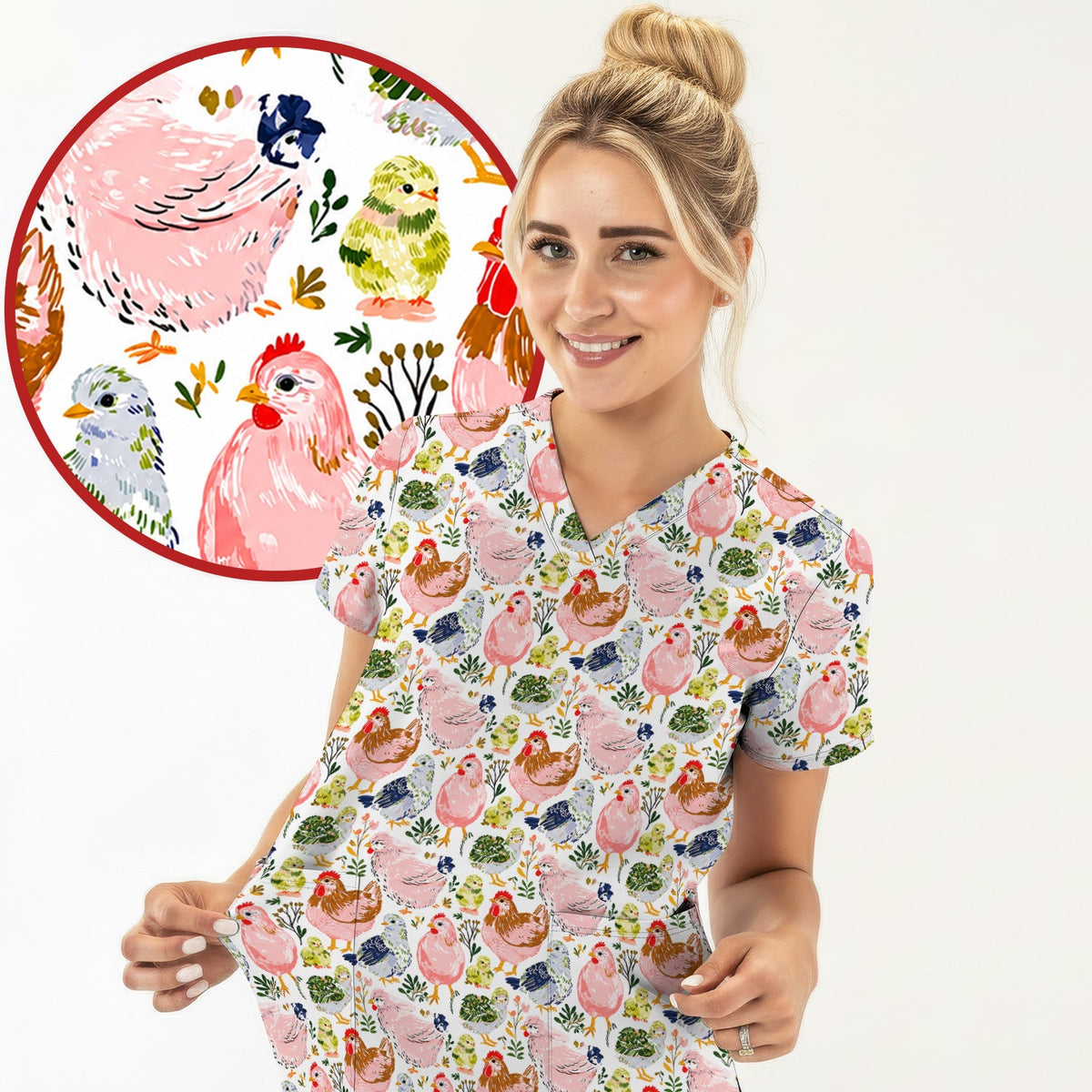 Farm Chicken Hen Chick Nurse Scrub Top