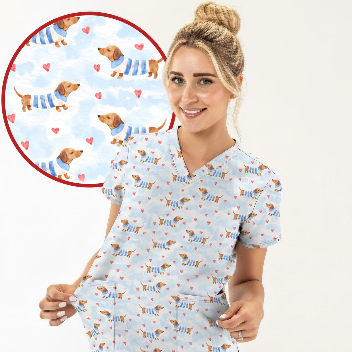 Sweet Dachshund Pink Hearts Nurse Scrub Set