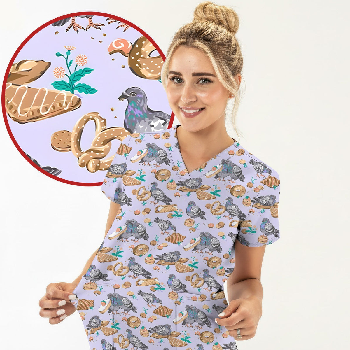 Pigeon Bread Snack Nurse Scrub Top