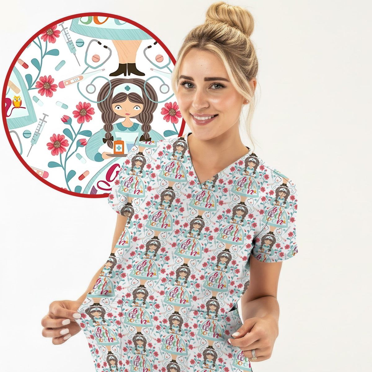 Get Well Soon Girl Floral Nurse Scrub Top