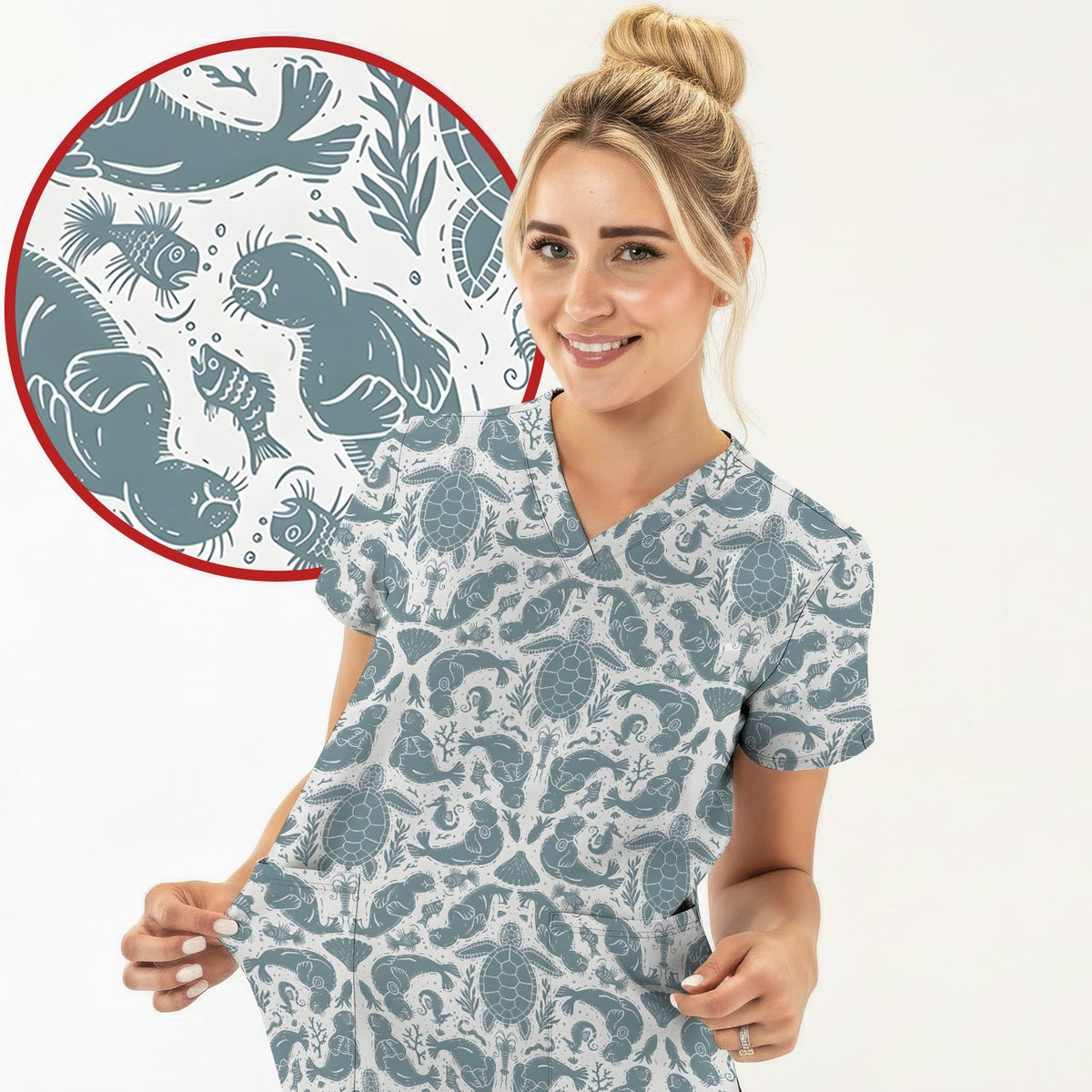 Ocean Sea Marine Life Nurse Scrub Top