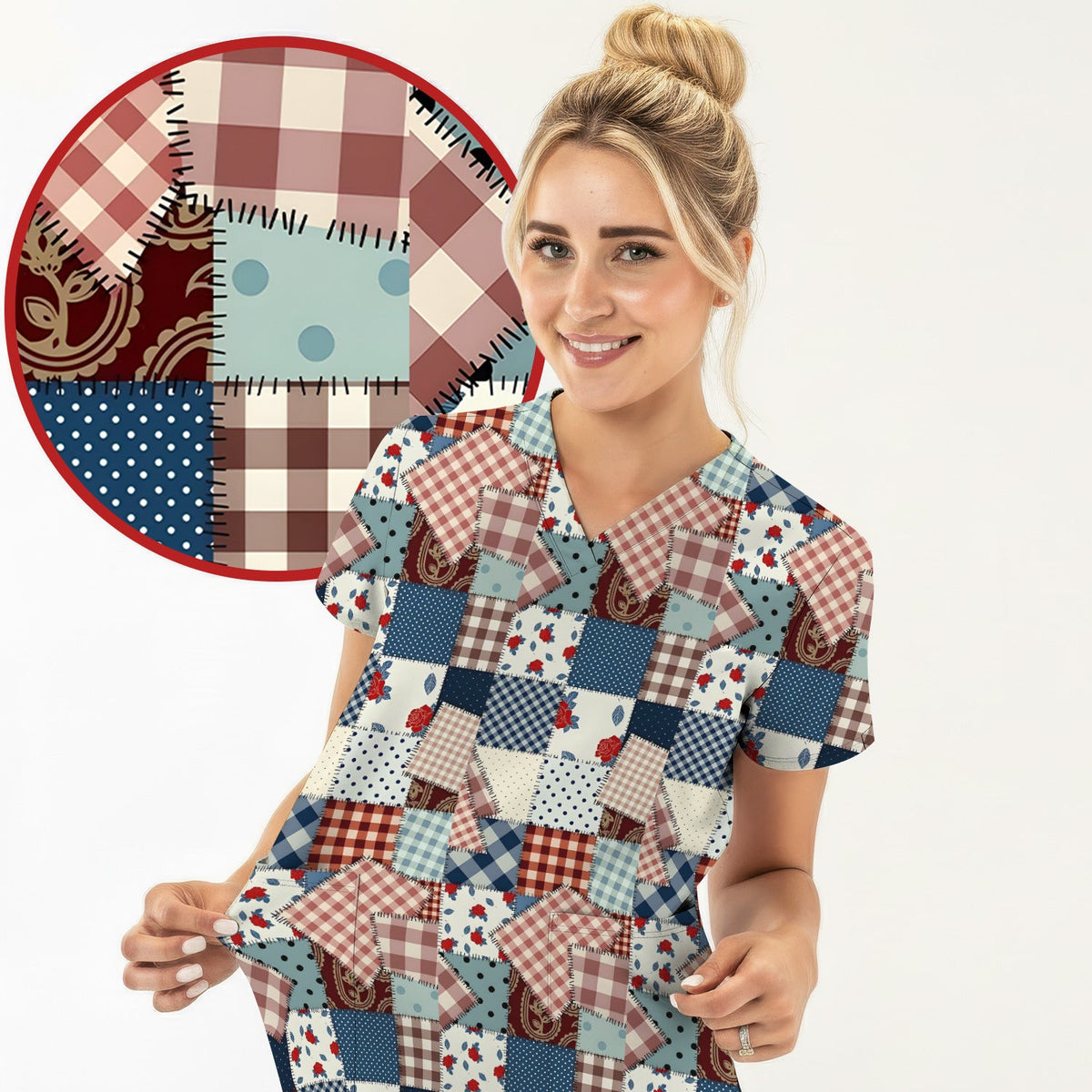 Retro Patchwork Plaid Quilt Nurse Scrub Top