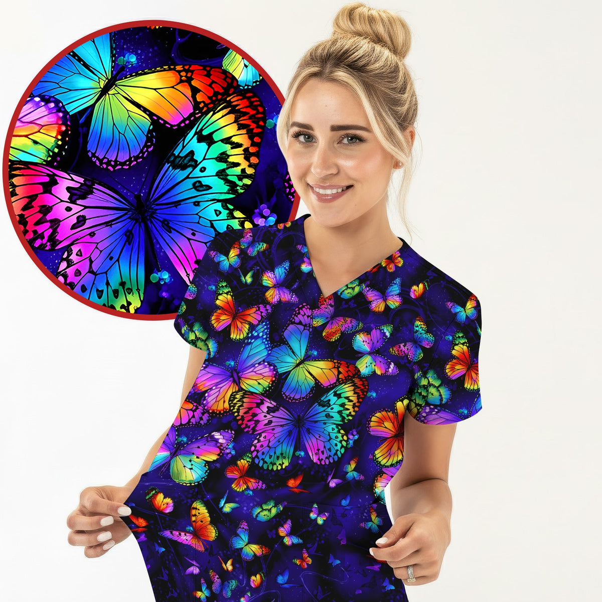 Vibrant Rainbow Butterfly Galaxy Nurse Scrub Top