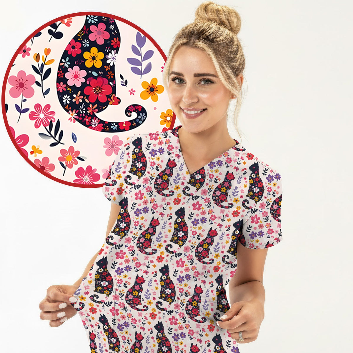 Floral Cat Silhouette Spring Garden Nurse Scrub Top