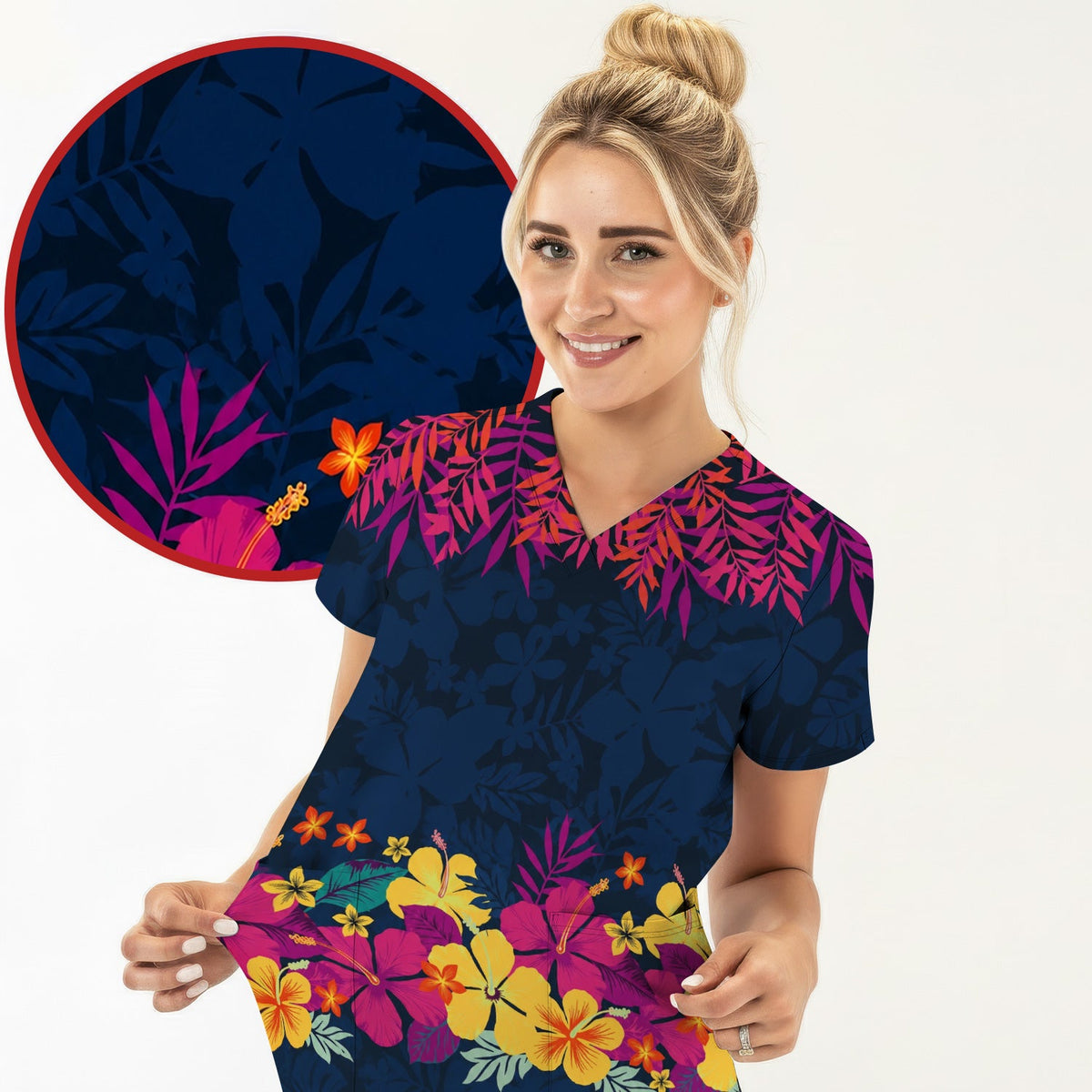 Tropical Hibiscus Palm Leaf Nurse Scrub Top