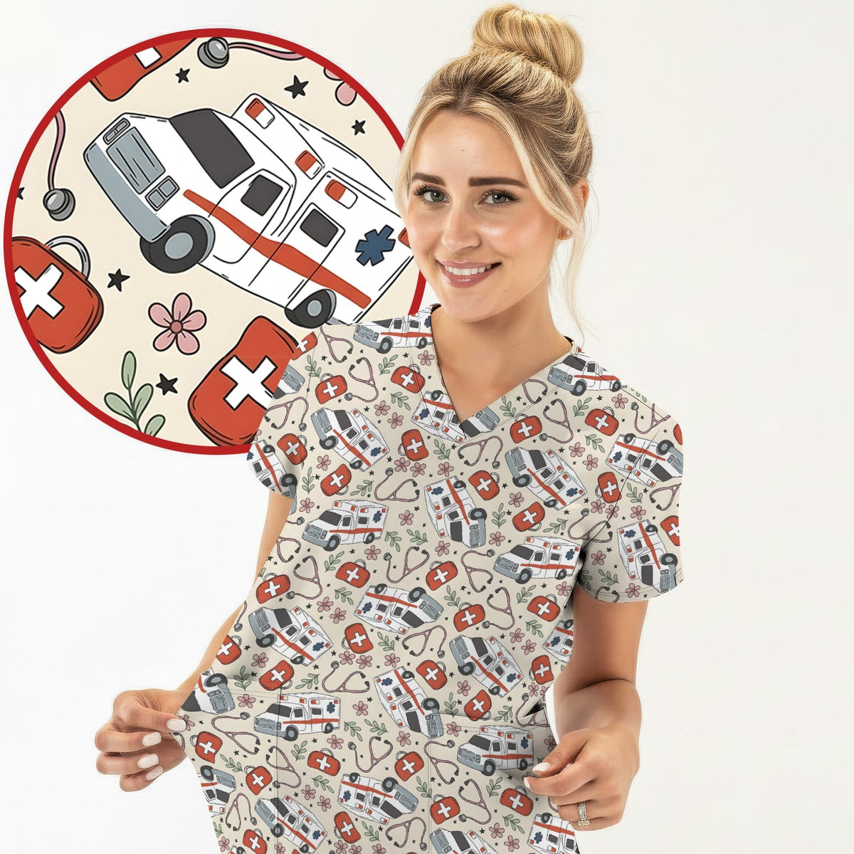 Ambulance Stethoscope First Aid Floral Nurse Scrub Top