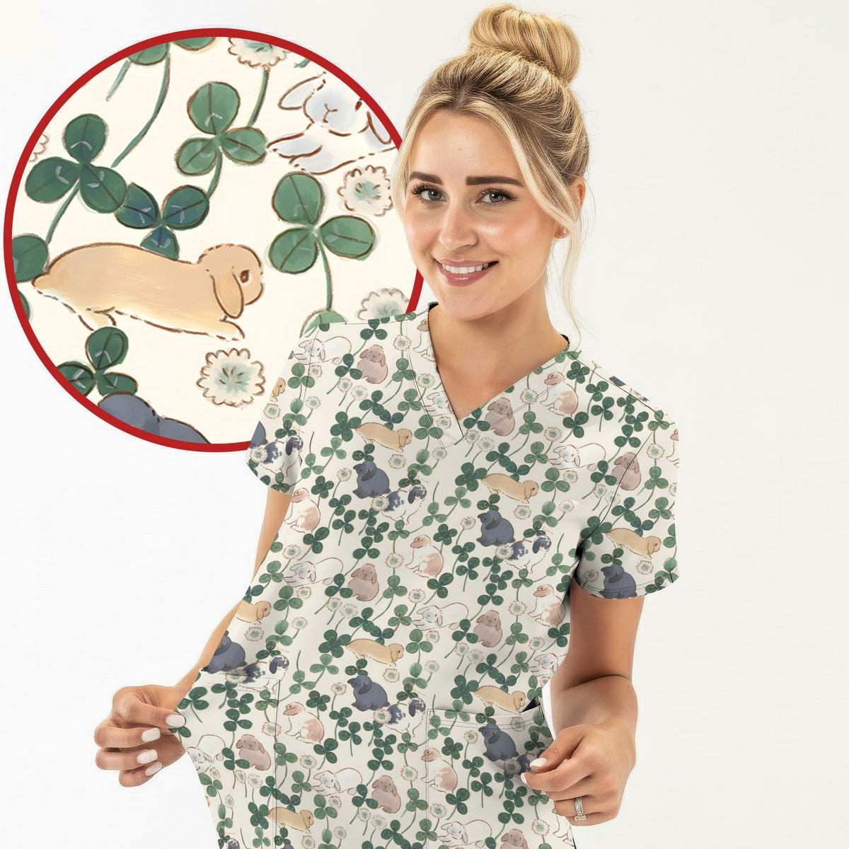 Bunny Clover Garden Meadow Nurse Scrub Top