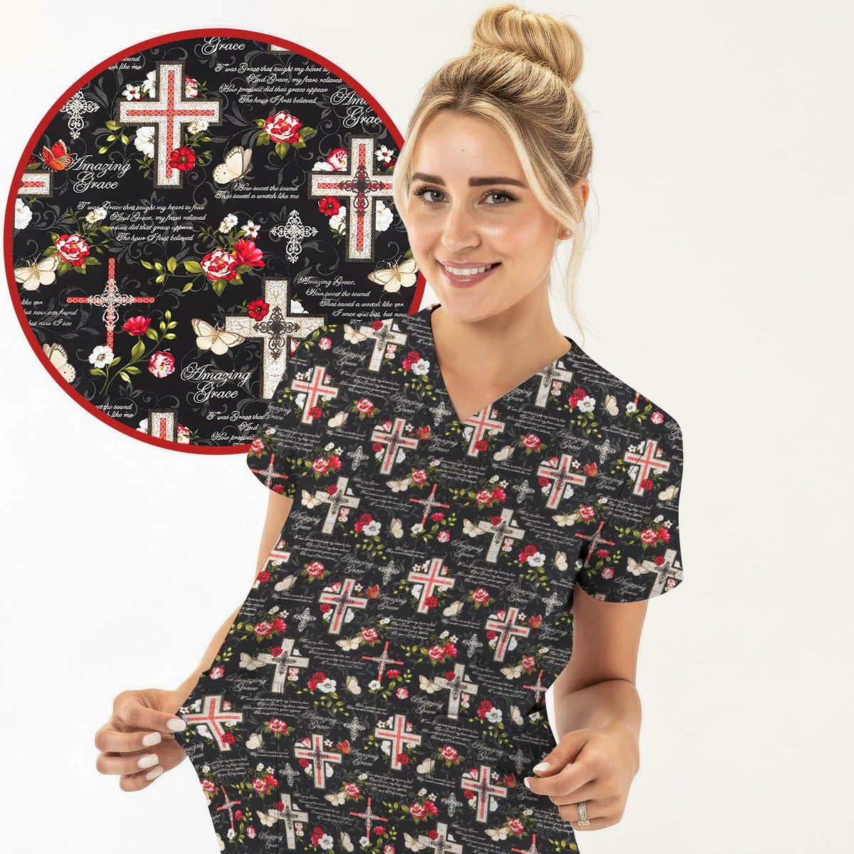 Christian Cross Roses And Butterflies Nurse Scrub Top