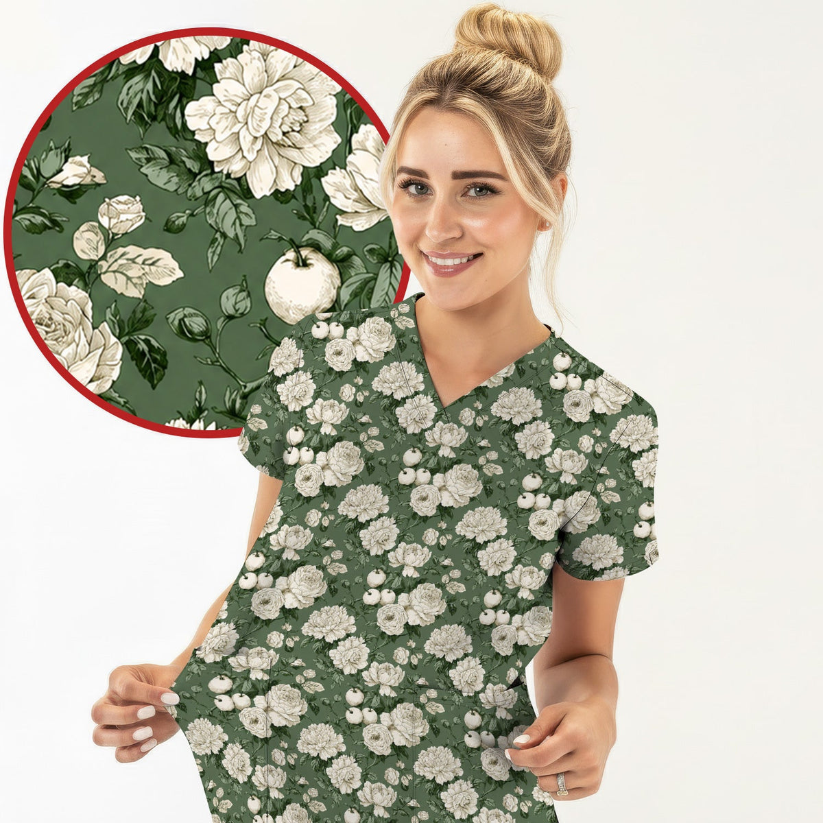 Elegant White Rose Garden Nurse Scrub Top