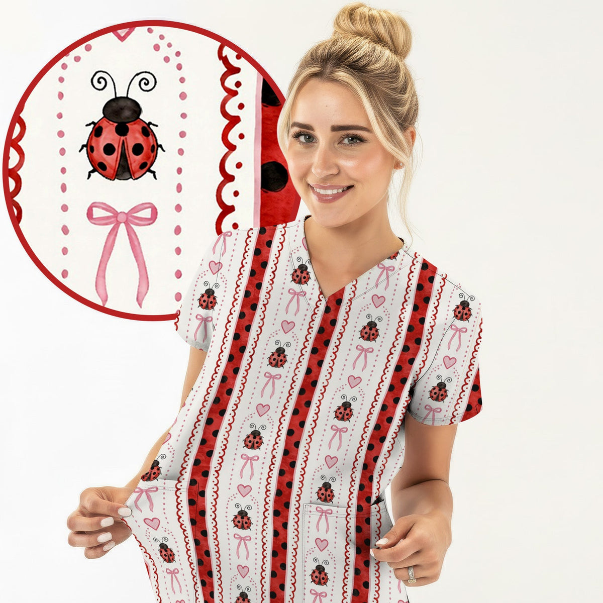 Ladybug Heart Bow Stripe Nurse Scrub Top