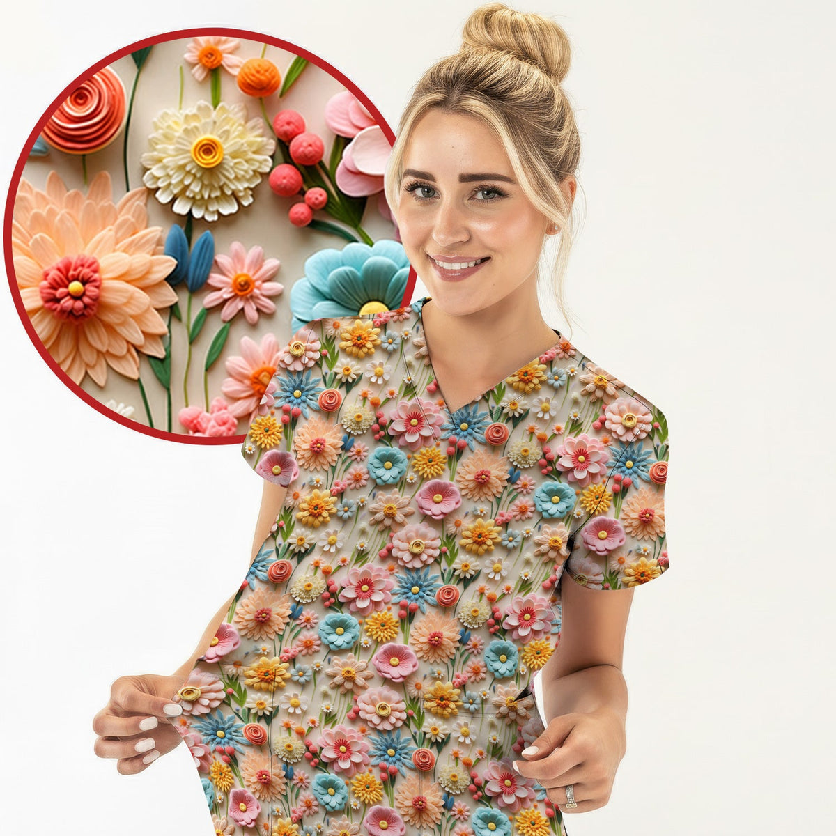 Colorful Blooming Wildflower Nurse Scrub Top