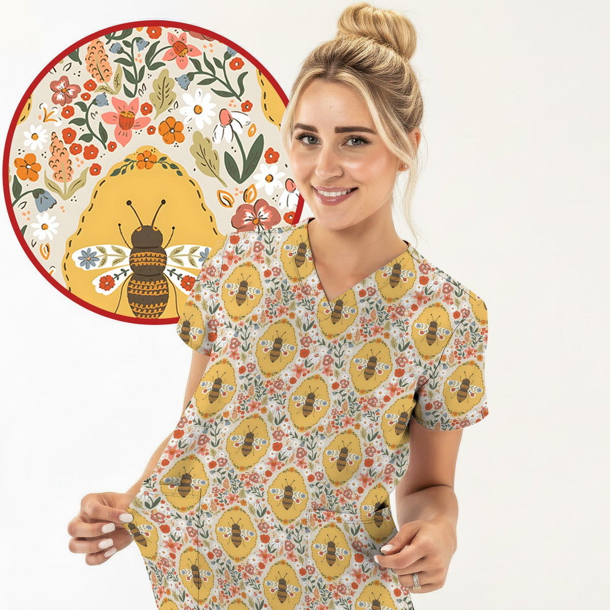 Vintage Honeybee Floral Garden Nurse Scrub Top