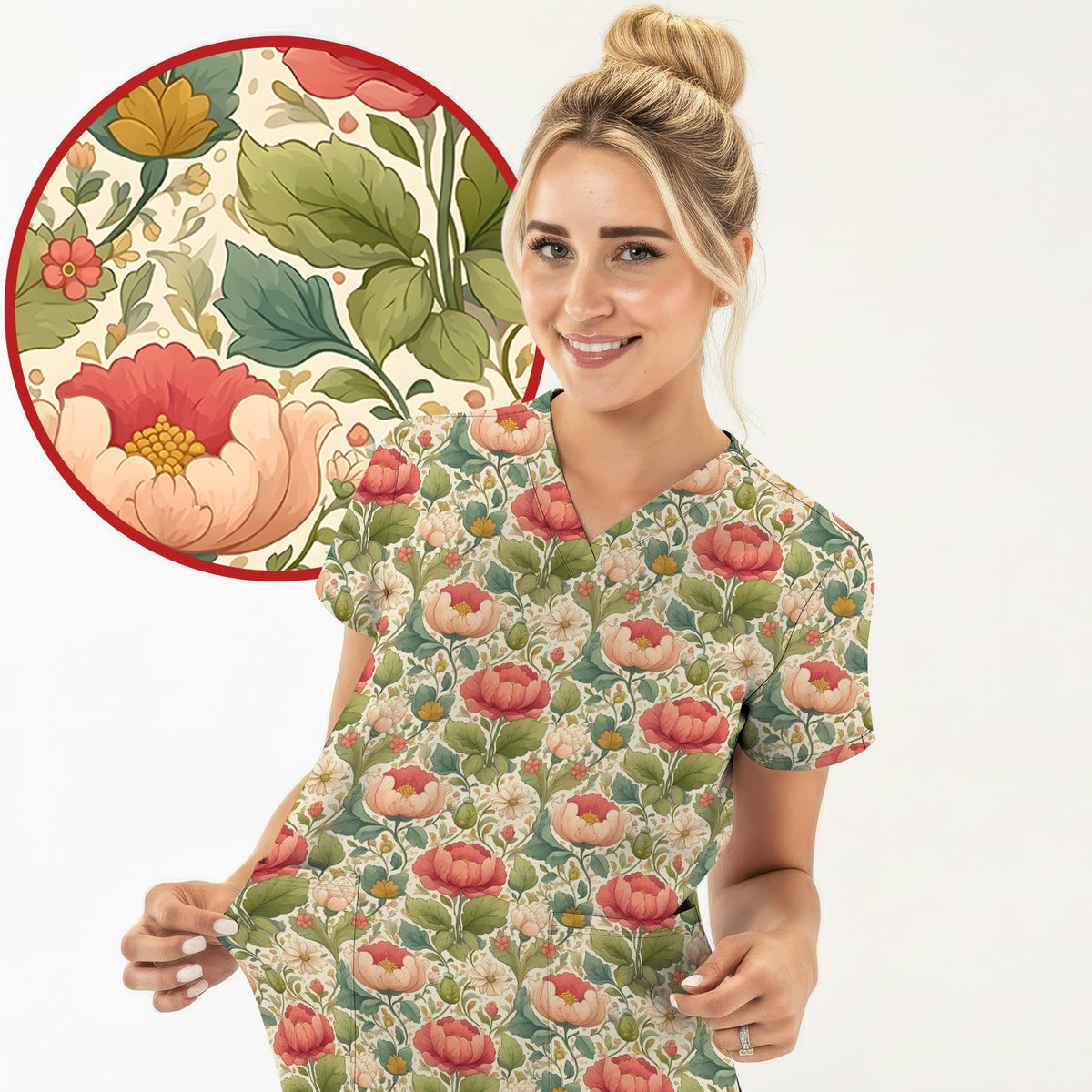 Vintage Botanical Peony Floral Nurse Scrub Top