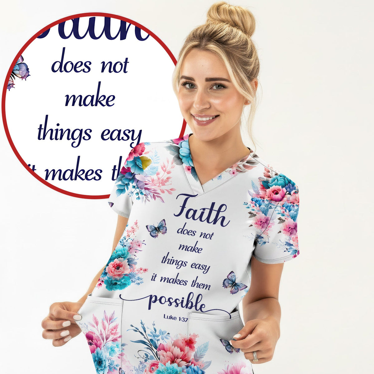 Faith Floral Butterfly Nurse Scrub Top
