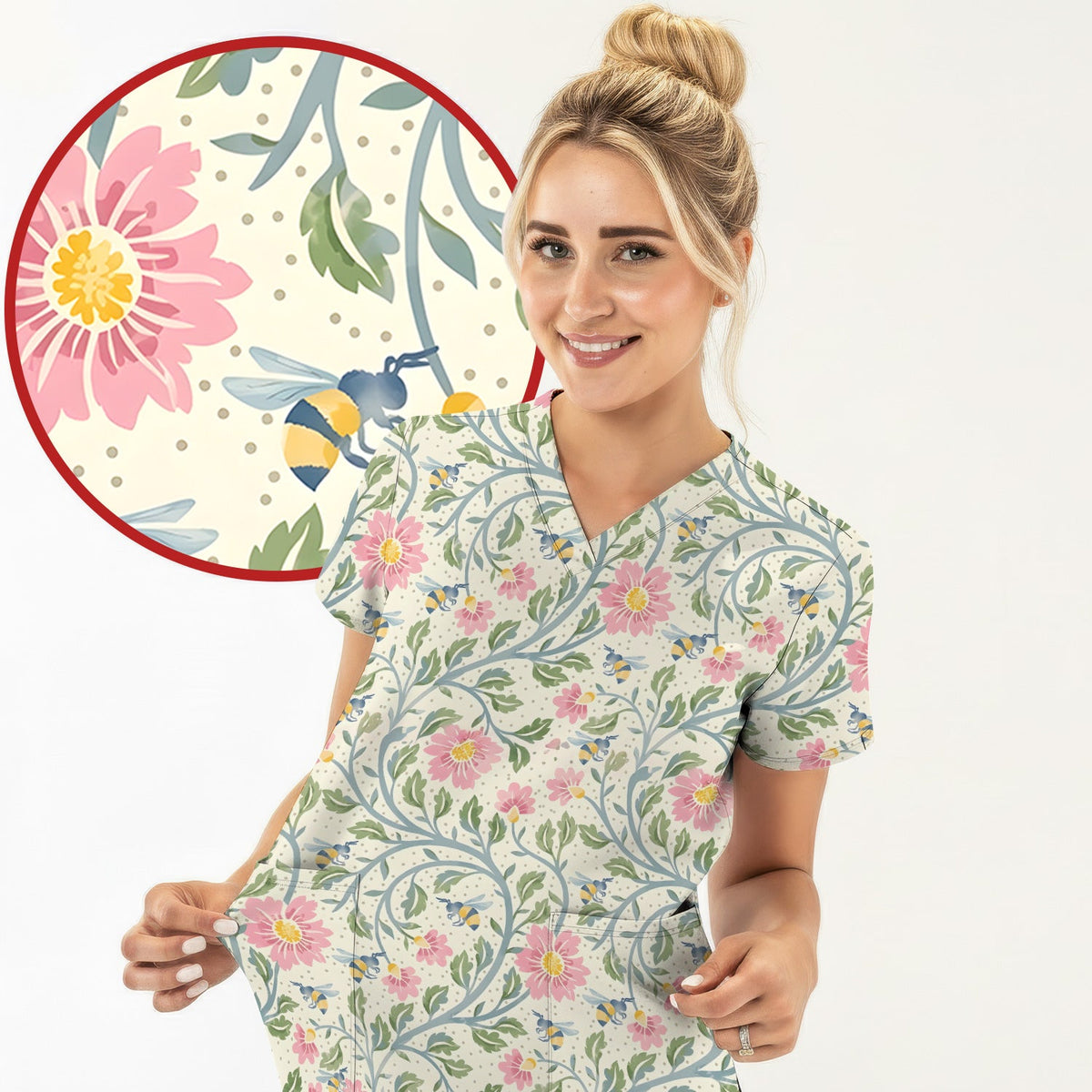 Floral Bee Garden Nurse Scrub Top