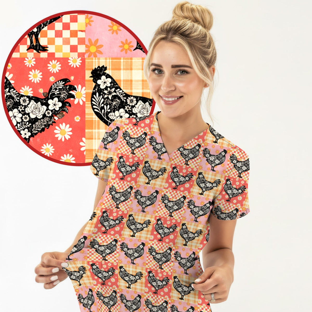 Floral Chicken Patchwork Nurse Scrub Top