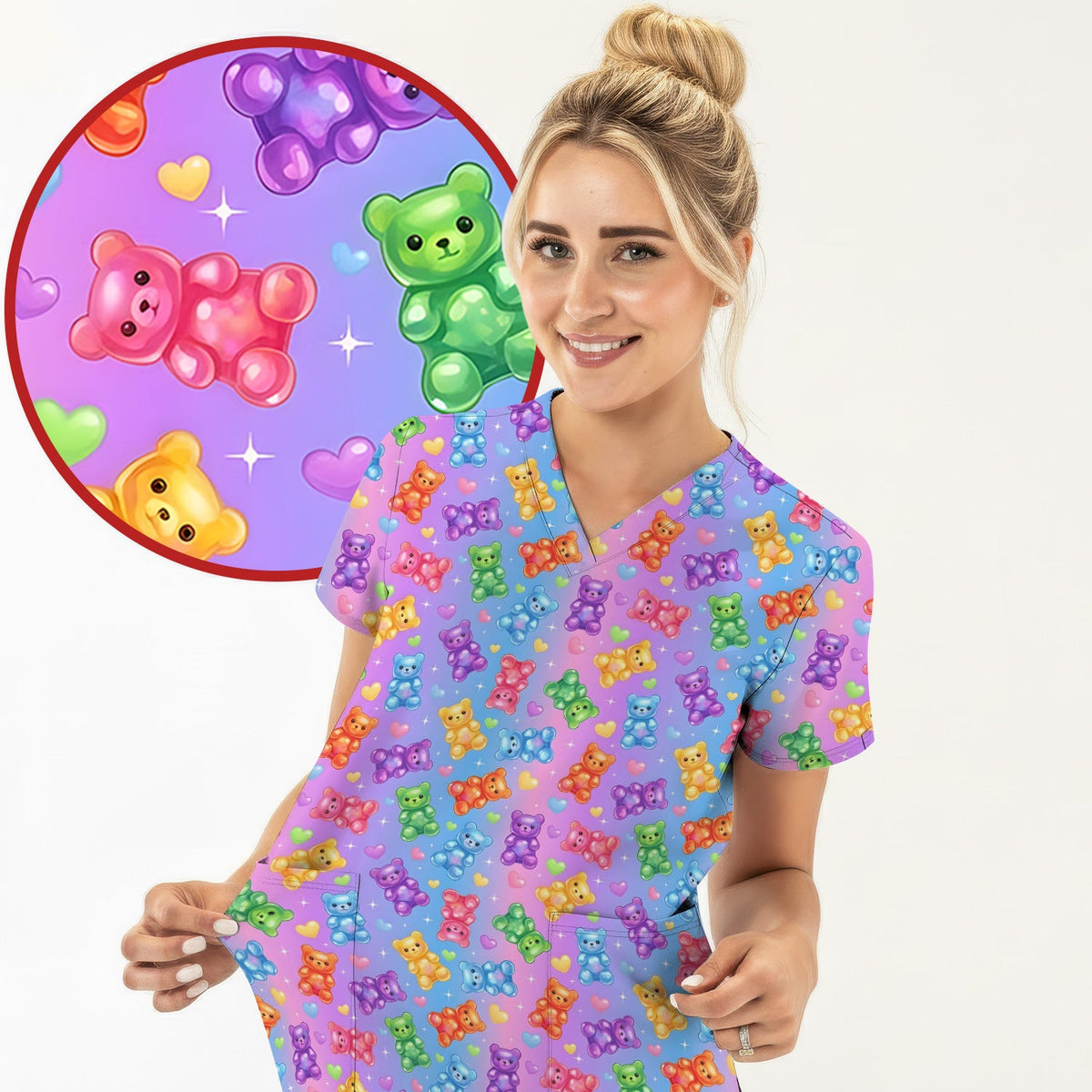 Colorful Gummy Bear Nurse Scrub Top