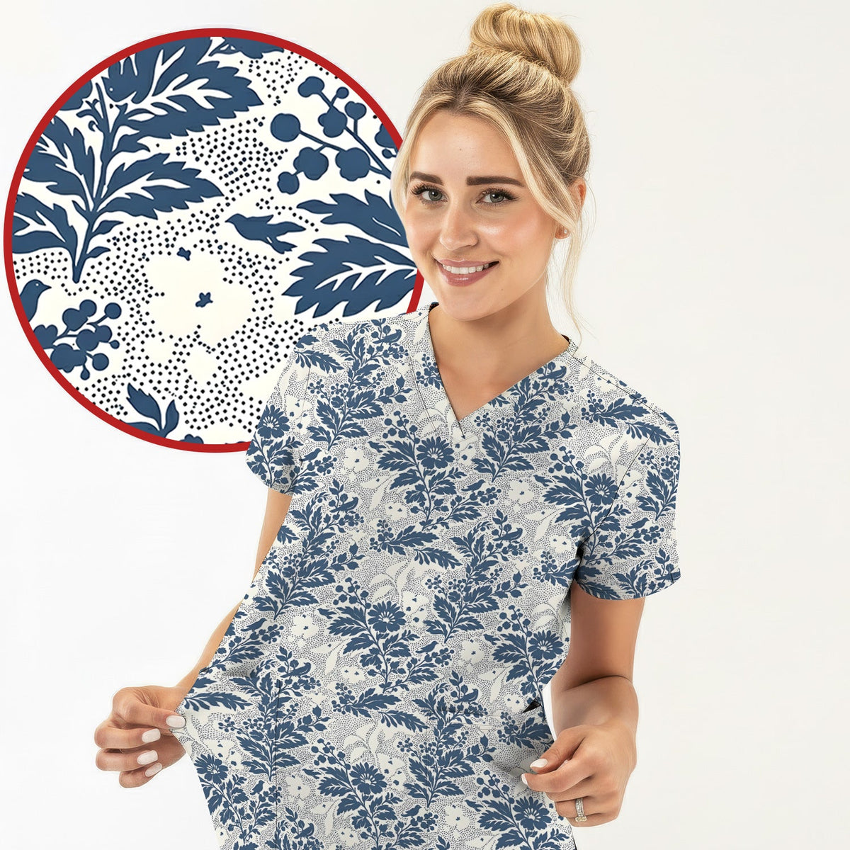 Cute Blue Floral Botanical Nurse Scrub Top