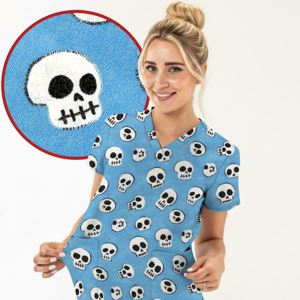 Blue Skull Nurse Scrub Top - Halloween Gift