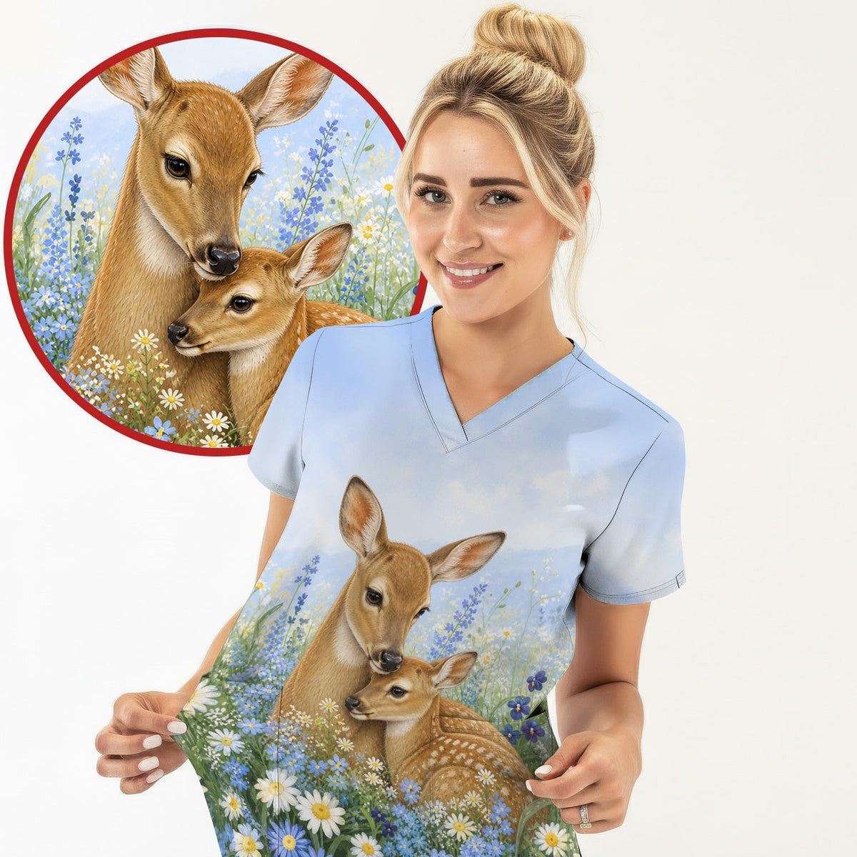Deer Mother Baby Meadow Nurse Scrub Top