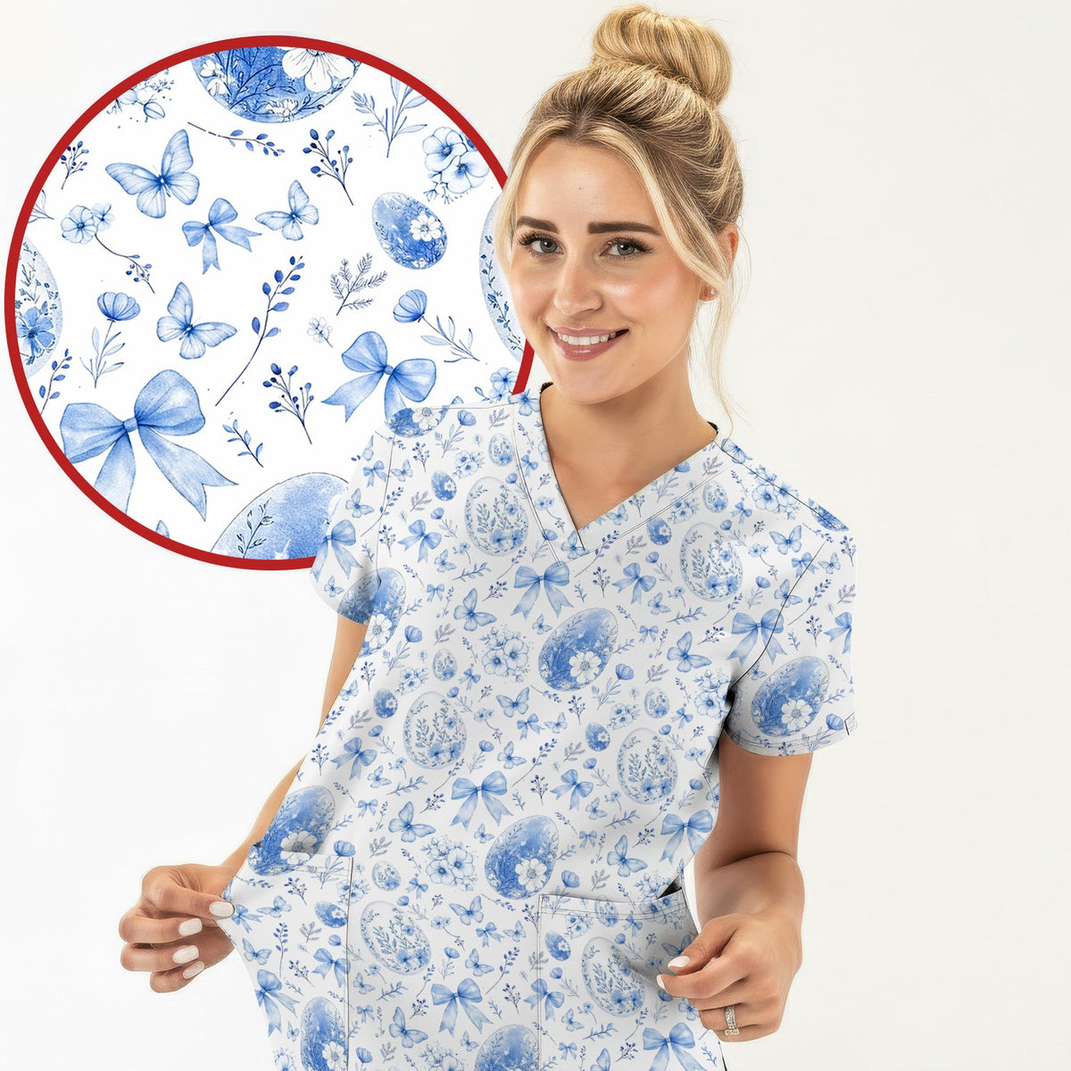 Butterfly Floral Bow Vintage Nurse Scrub Top