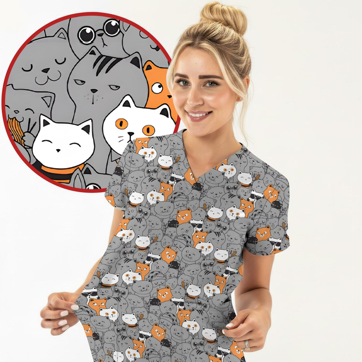 Cats Cute Expressions Nurse Scrub Top