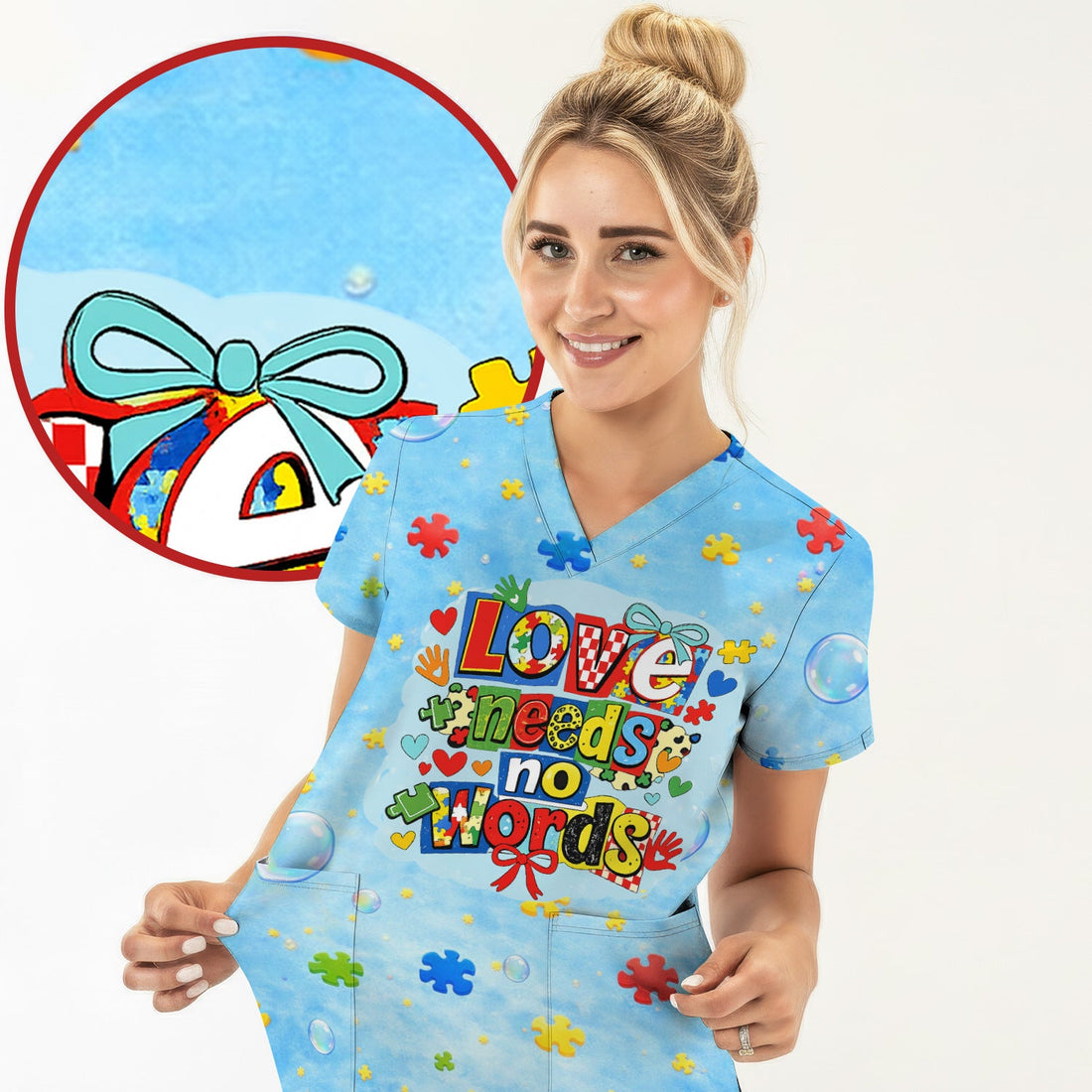 Autism Awareness Love Needs No Words Nurse Scrub Top