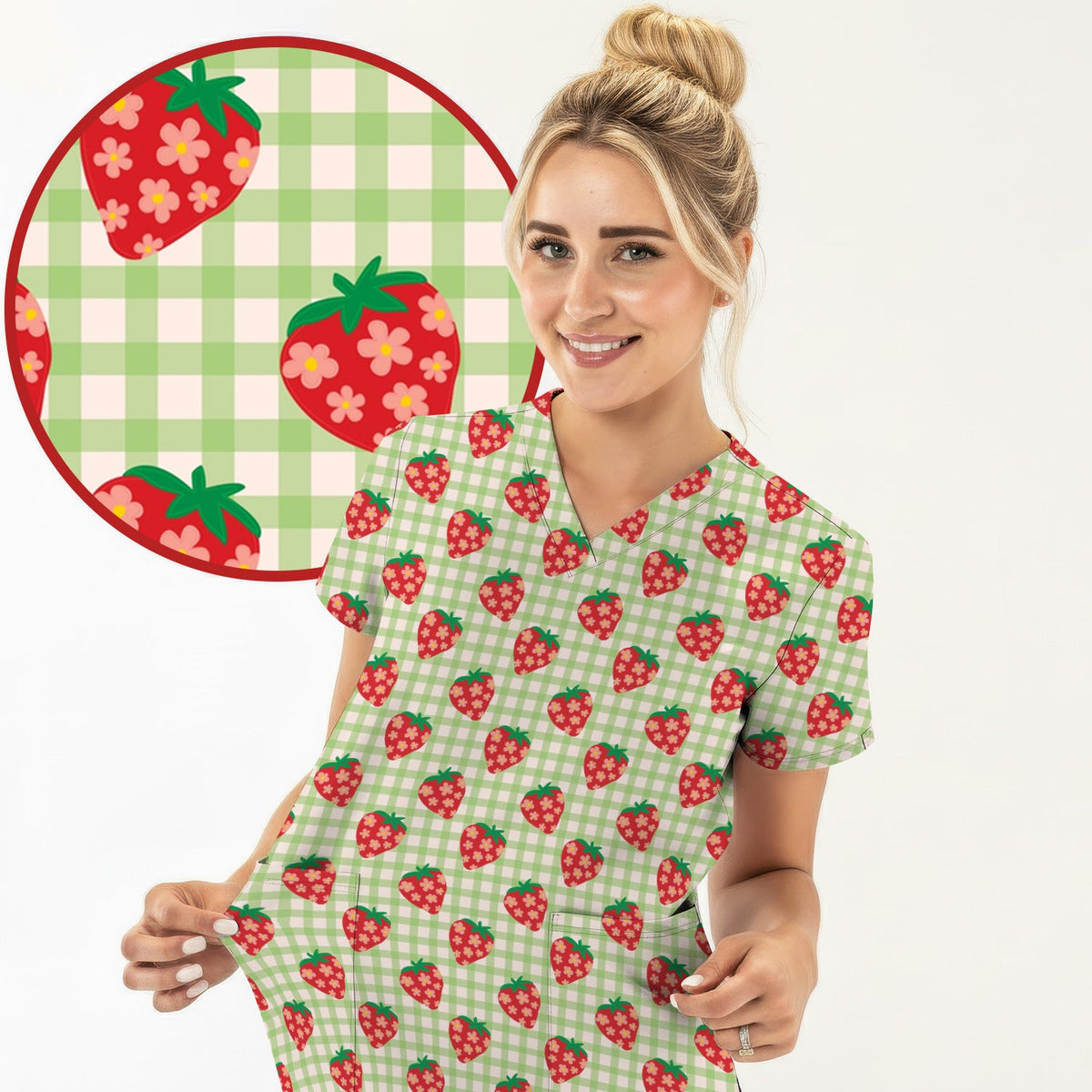 Sweet Strawberry Gingham Nurse Scrub Top