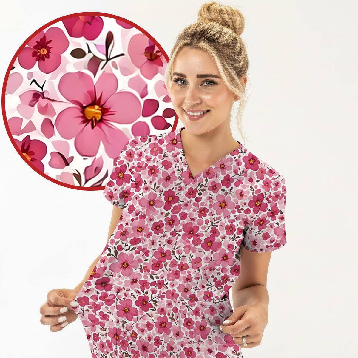 Pink Cherry Blossom Nurse Scrub Top