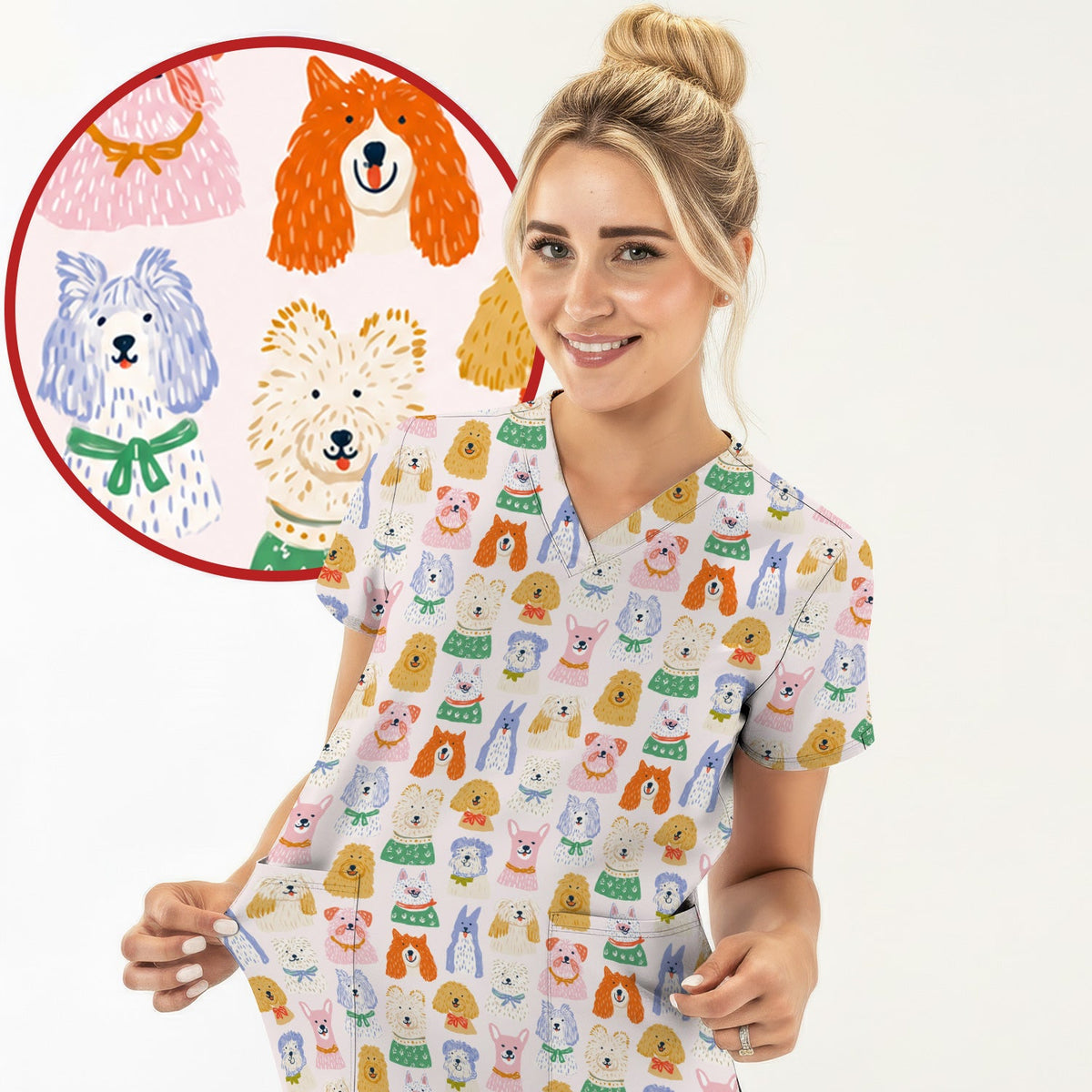 Colorful Dog Faces Cartoon Nurse Scrub Top