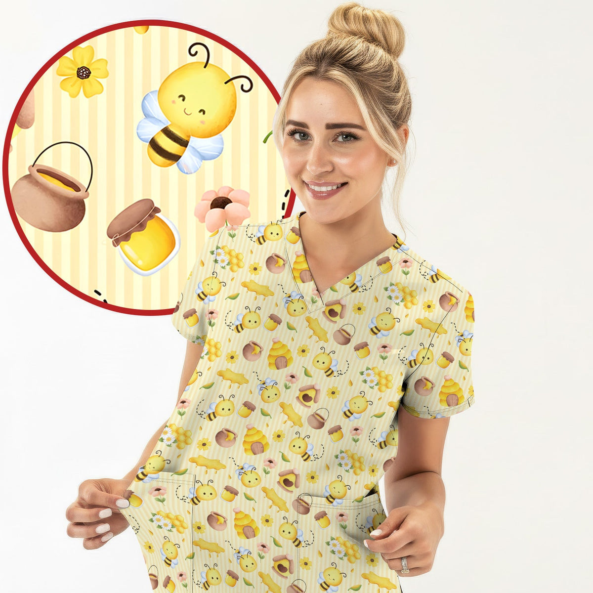 Cute Bee Honey Flower Stripe Nurse Scrub Top