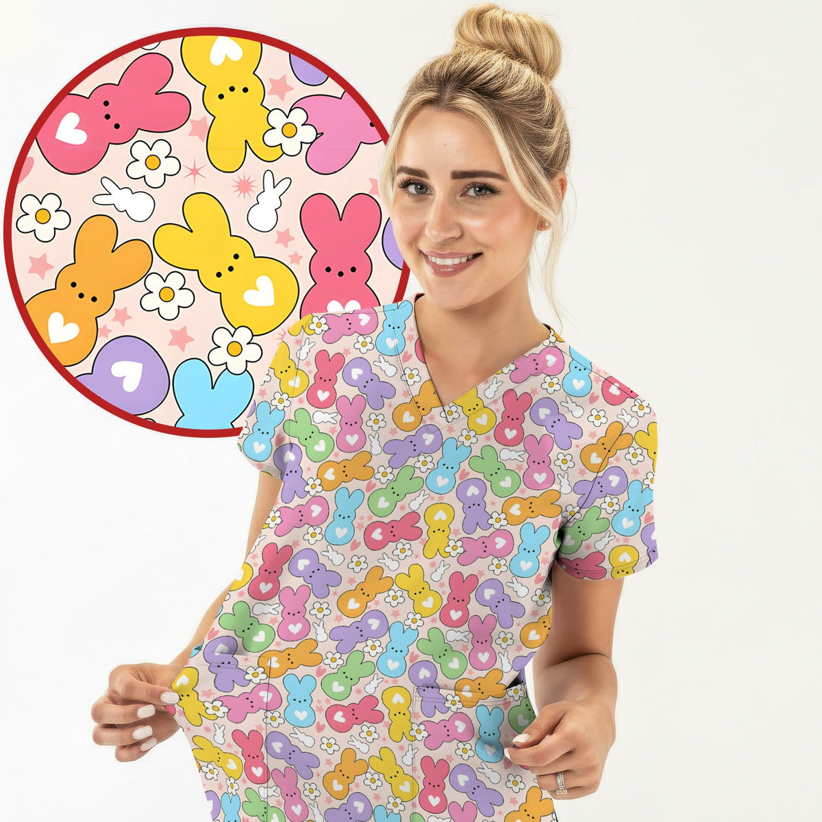 Sweet Pastel Bunny Daisy Scrub Top - Easter Gift For Nurse