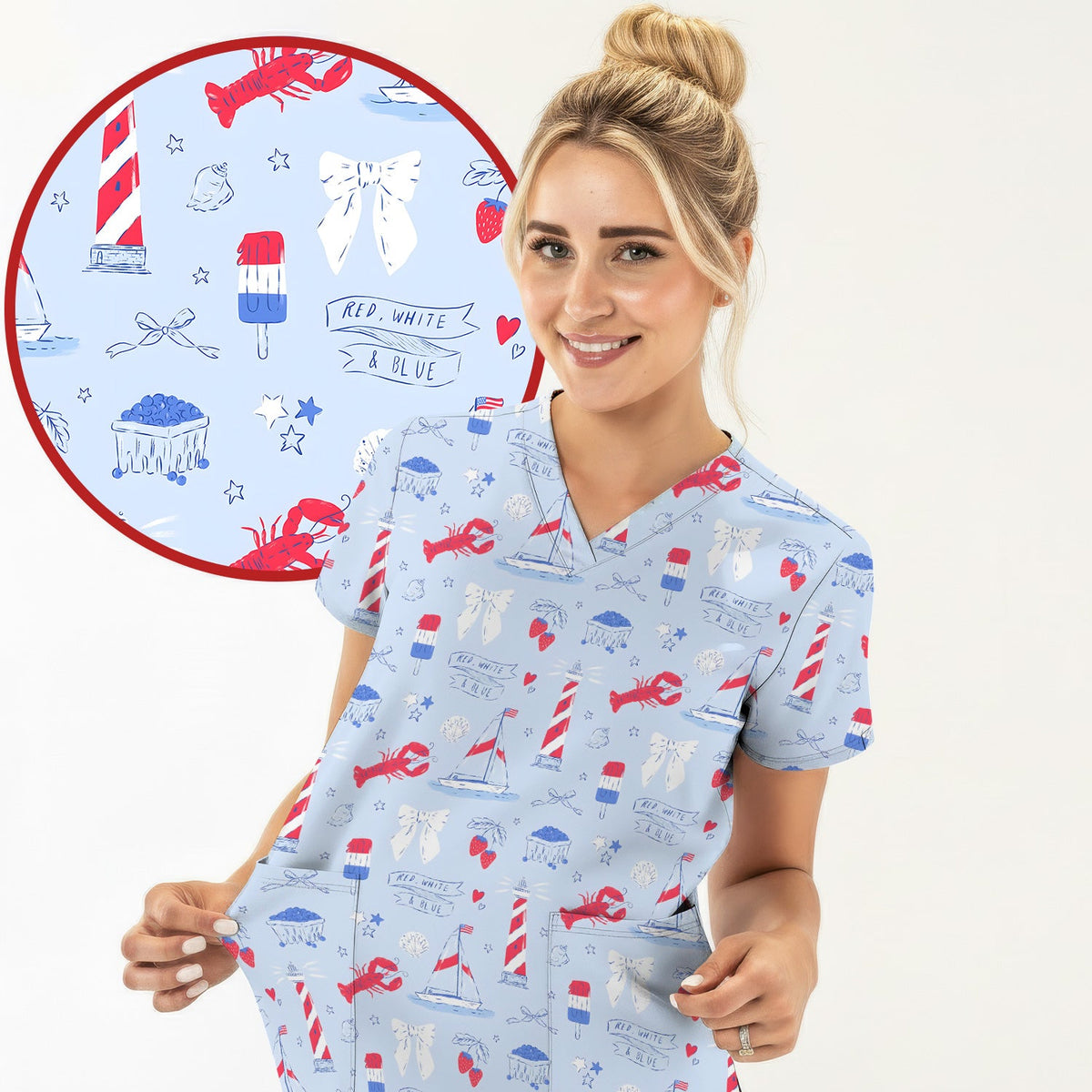 Lobster Lighthouse Sailboat Nurse Scrub Top