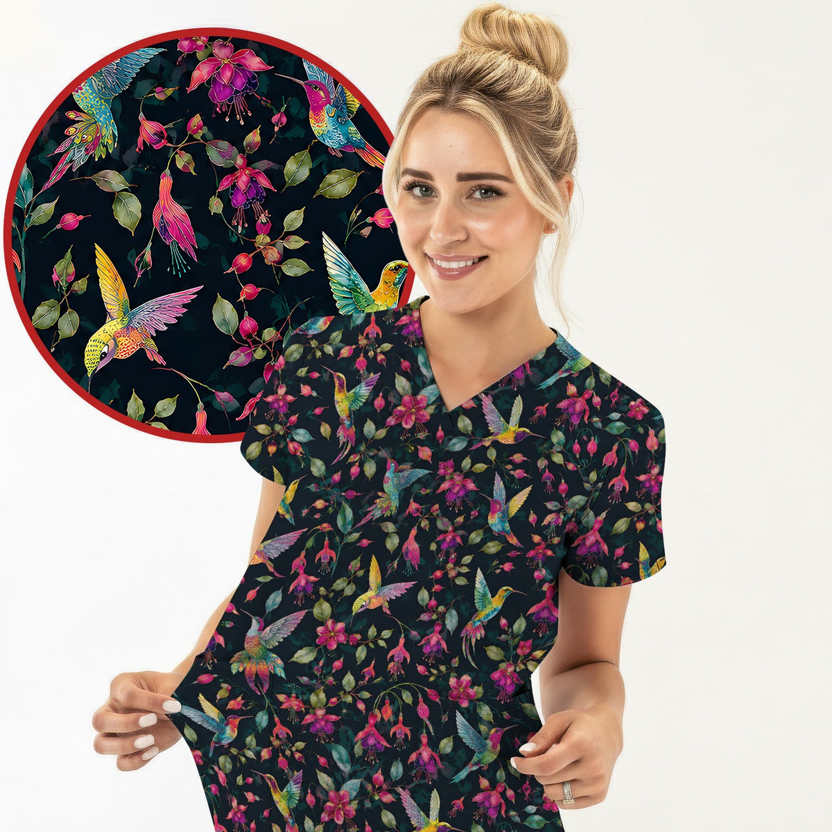 Hummingbird Fuchsia Bloom Nurse Scrub Top