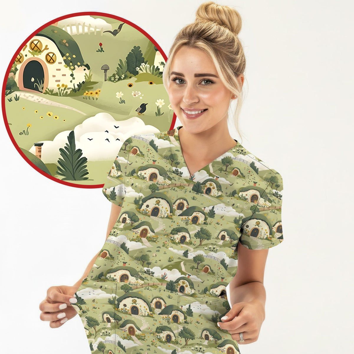 Cozy Hobbit Village Landscape Nurse Scrub Top