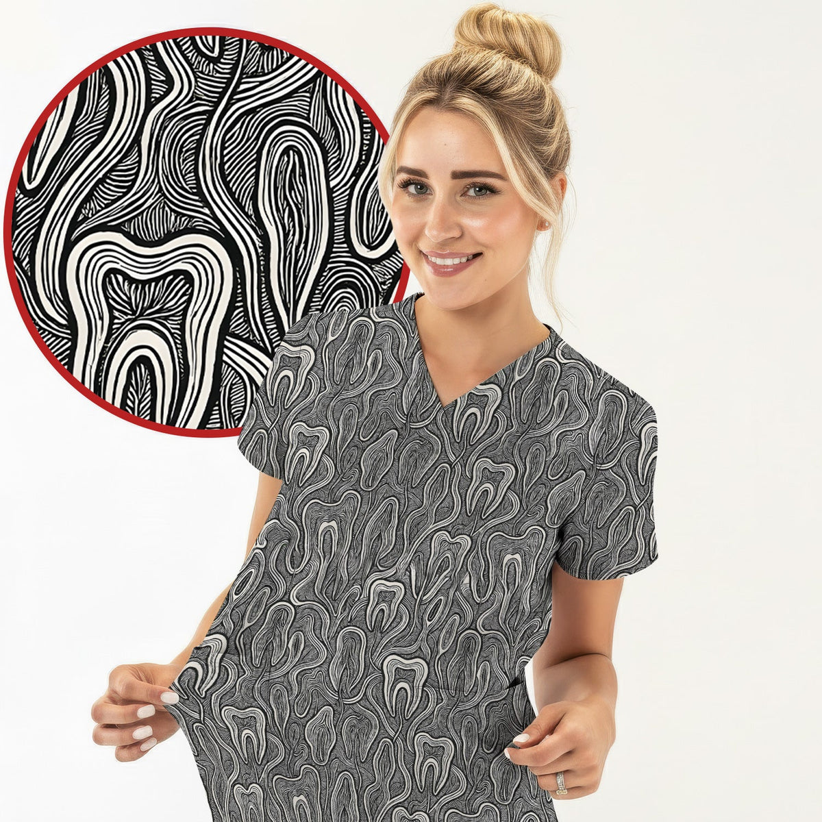 Dental Tooth Line Art Nurse Scrub Top