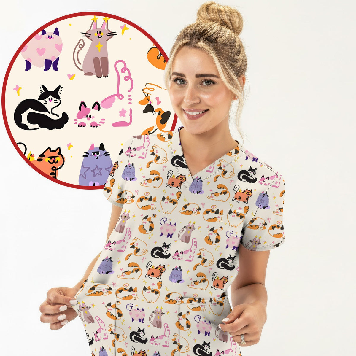 Funny Cat Pattern Scrub Top, Cute Cats Nursing Uniform For Women