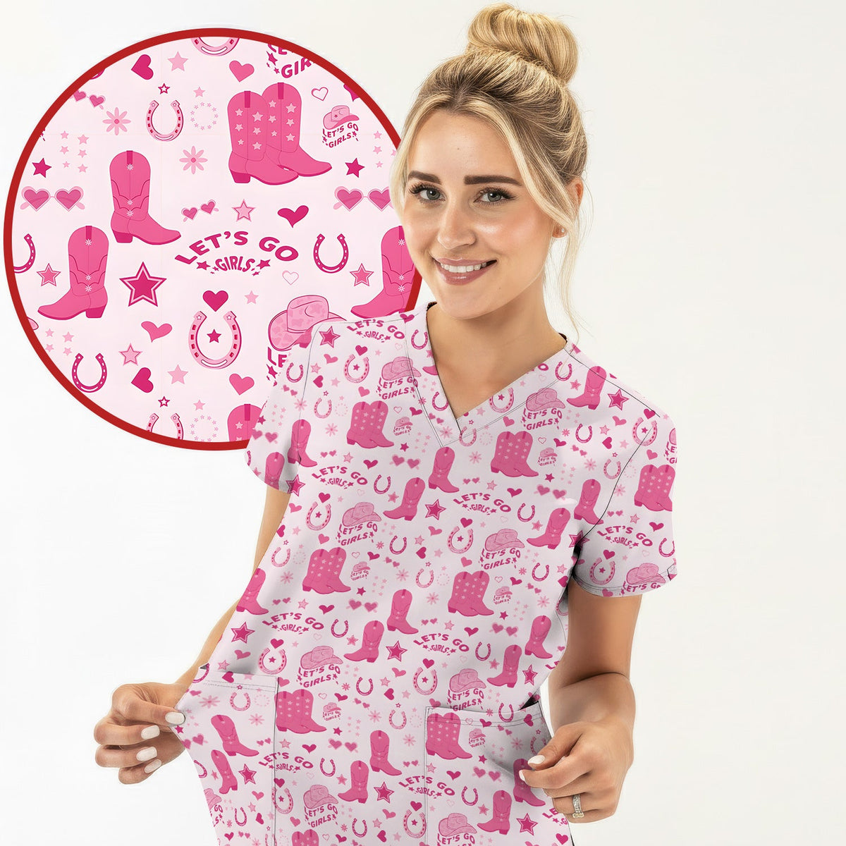 Pink Cowgirl Boots Nurse Scrub Top