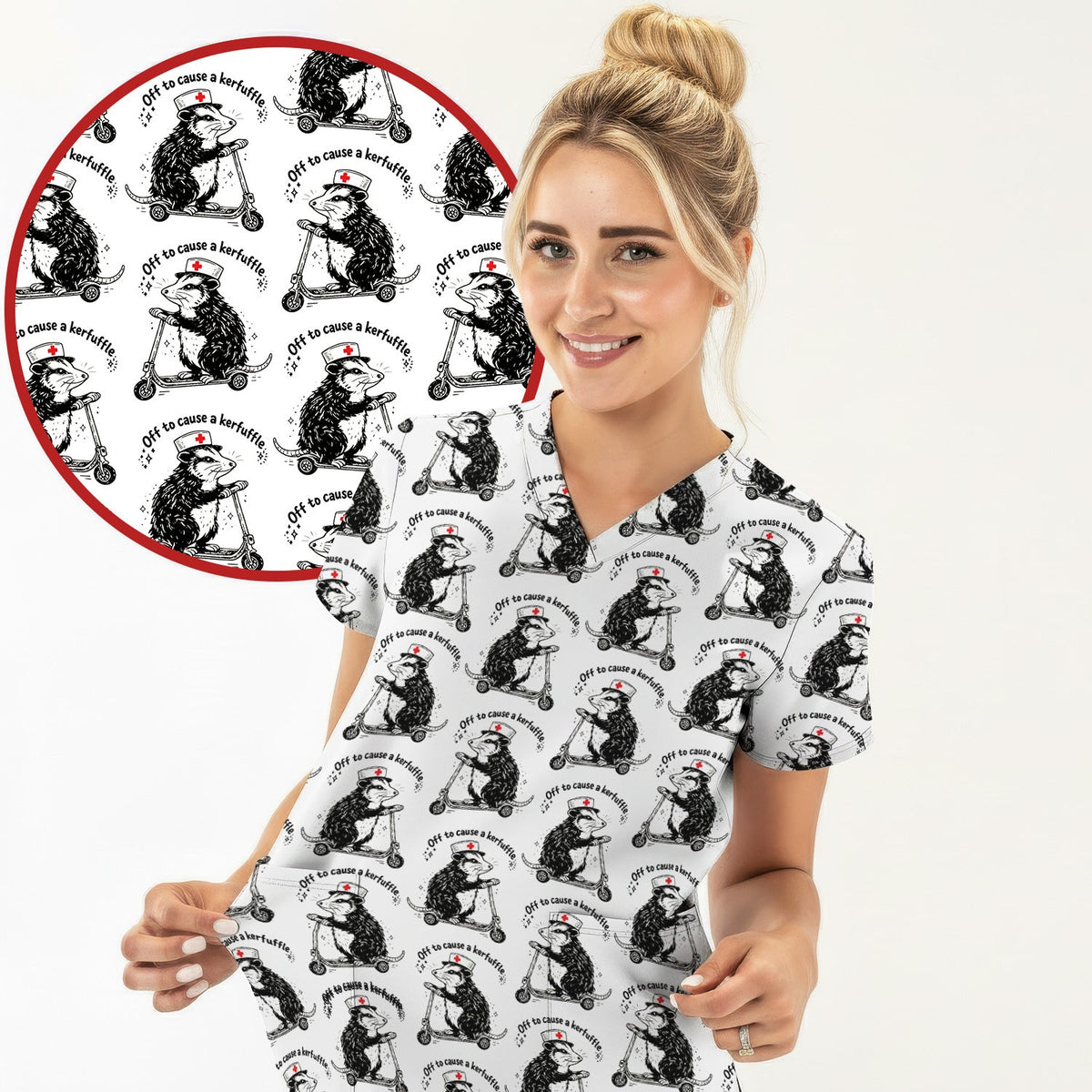 Funny Opossum Nurse Riding Scooter Pattern Scrubs Set, Breathable Med Uniform