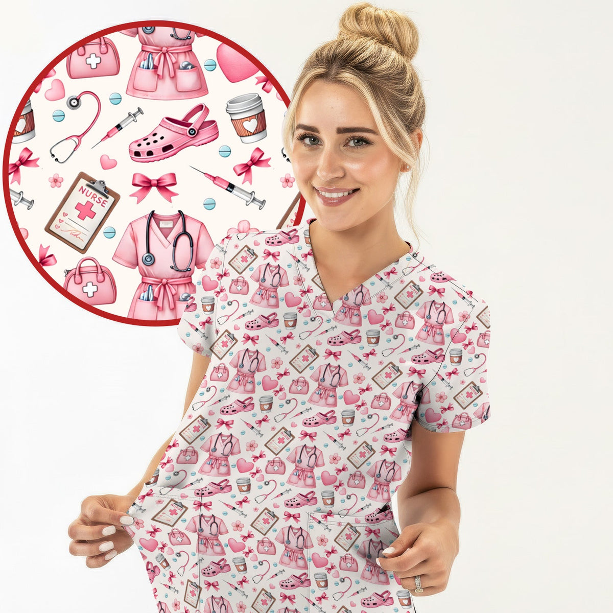 Valentine Pink Nurse Icons Scrub Set