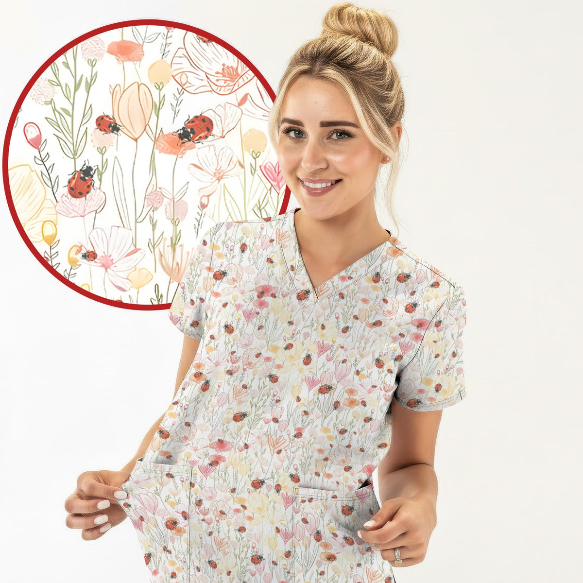Wildflower Ladybug Garden Nurse Scrub Top